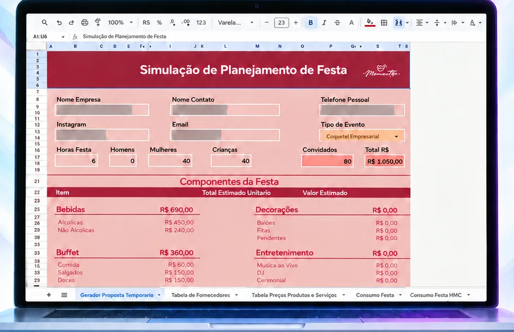 Planilha de simulação de planejamento de festa usada pela Momenttos antes do sistema.