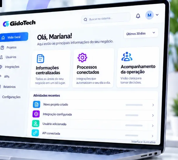 Notebook com painel de sistema sob medida: informações centralizadas e processos conectados (interface ilustrativa).