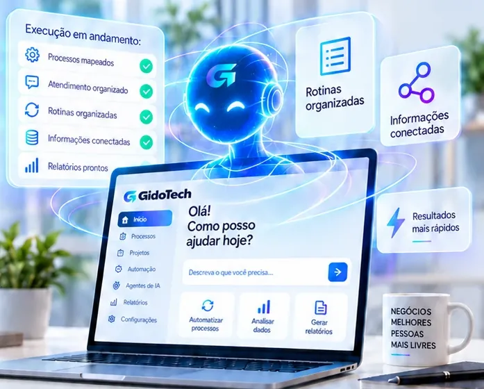 Interface ilustrativa: assistente da GidoTech com rotinas organizadas, informações conectadas e relatórios prontos.